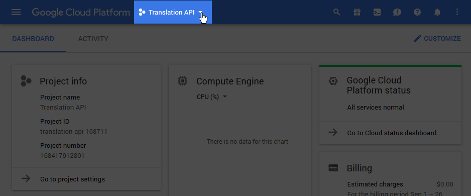 Google cloud store translate api key