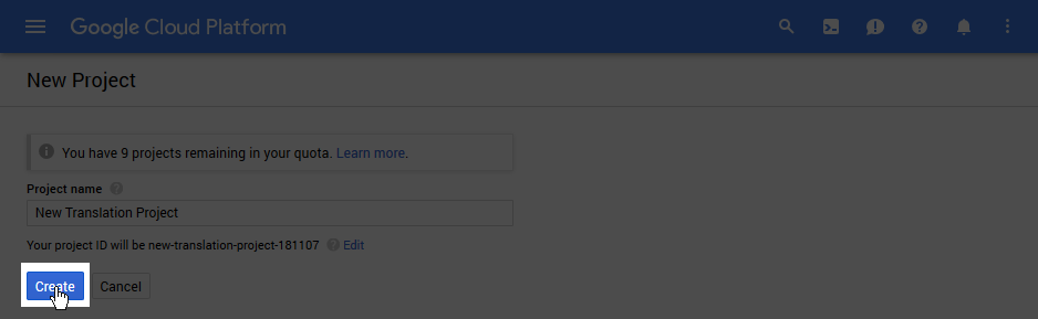 Creating a new project in Google Cloud Console