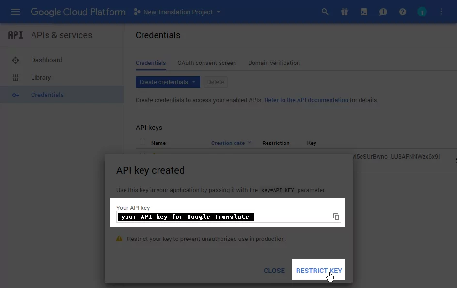 将 Google 翻译 API 密钥限制到特定网站