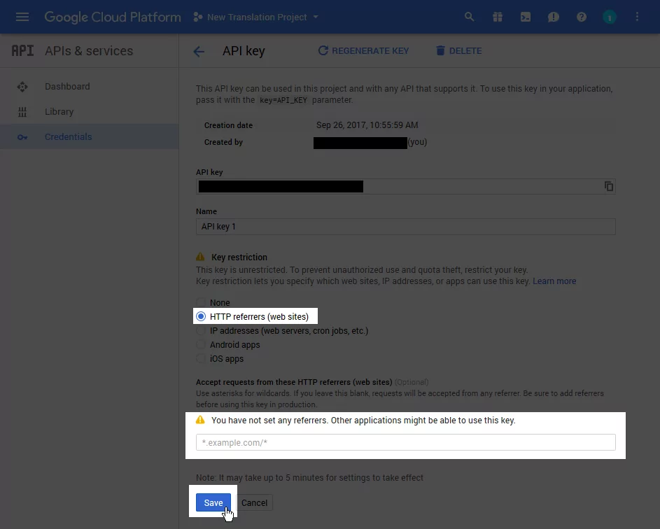 将 Google 翻译 API 密钥限制到特定网站