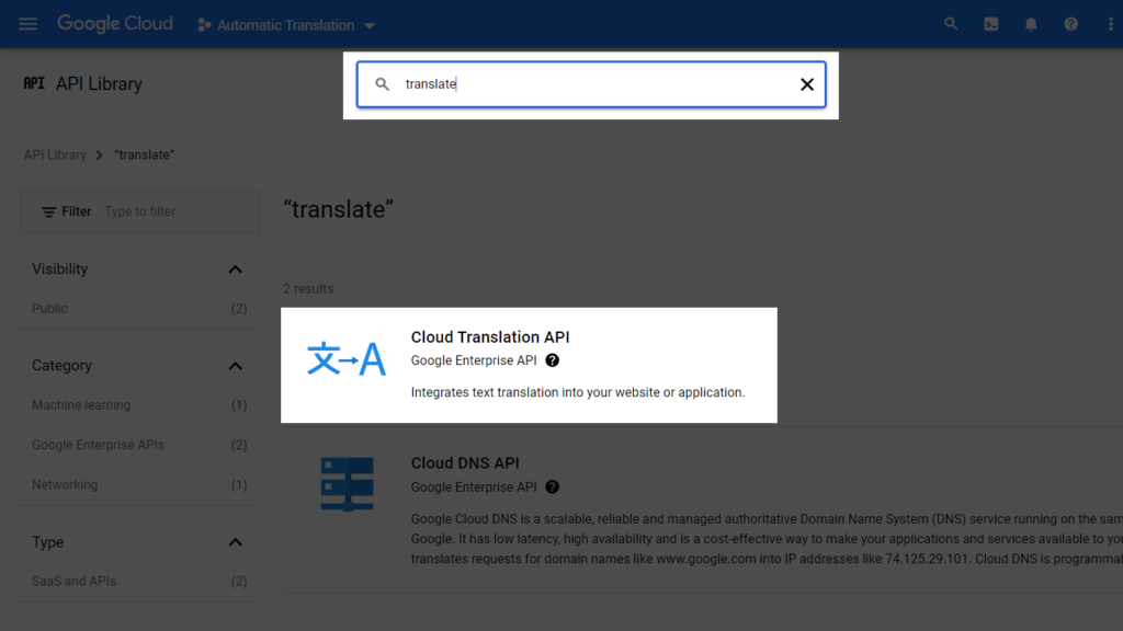 Searching for the Cloud Translation API in the Google Cloud Console
