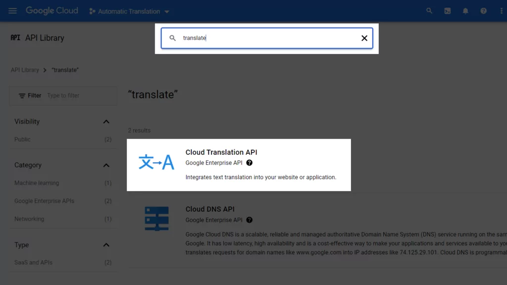 在 Google Cloud Console 中搜索 Cloud Translation API