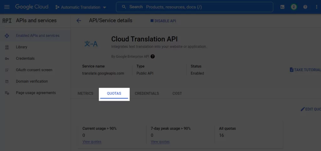 Quotas tab for Cloud Translation API