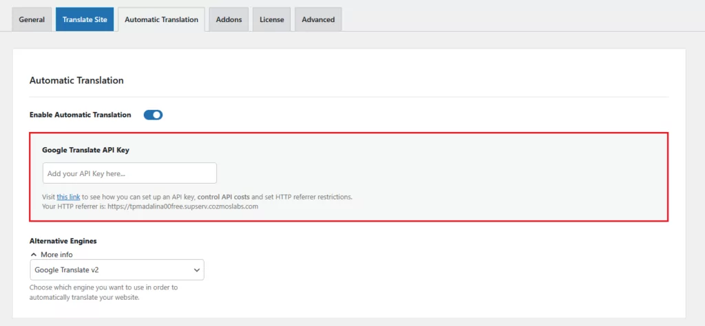 Paste Google API key in TranslatePress settings
