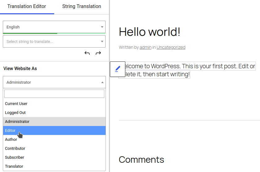View Website As section in Translation Editor
