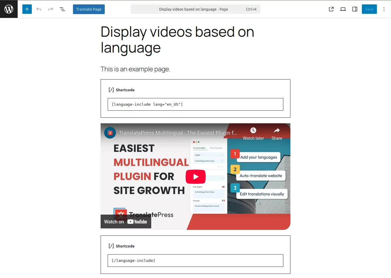 Editing page with TranslatePress shortcode in WordPress for language-based video inclusion