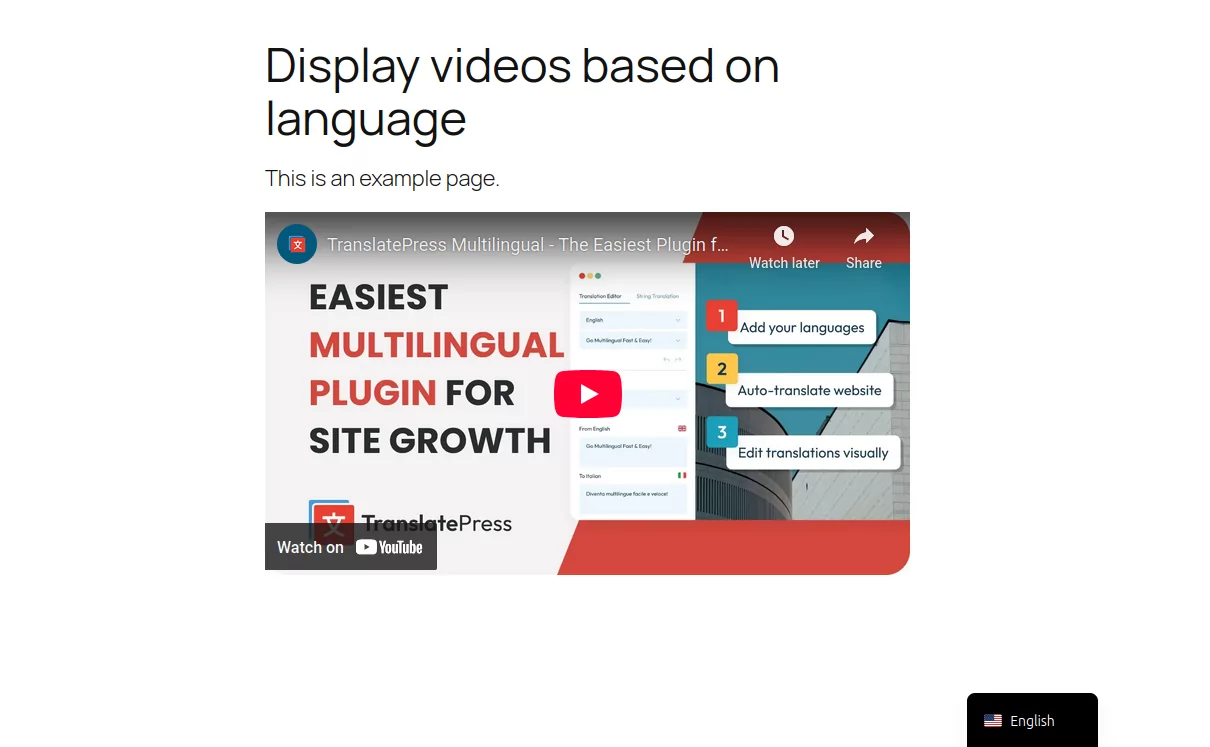 TranslatePress conditional shortcode video example — front-end view in English