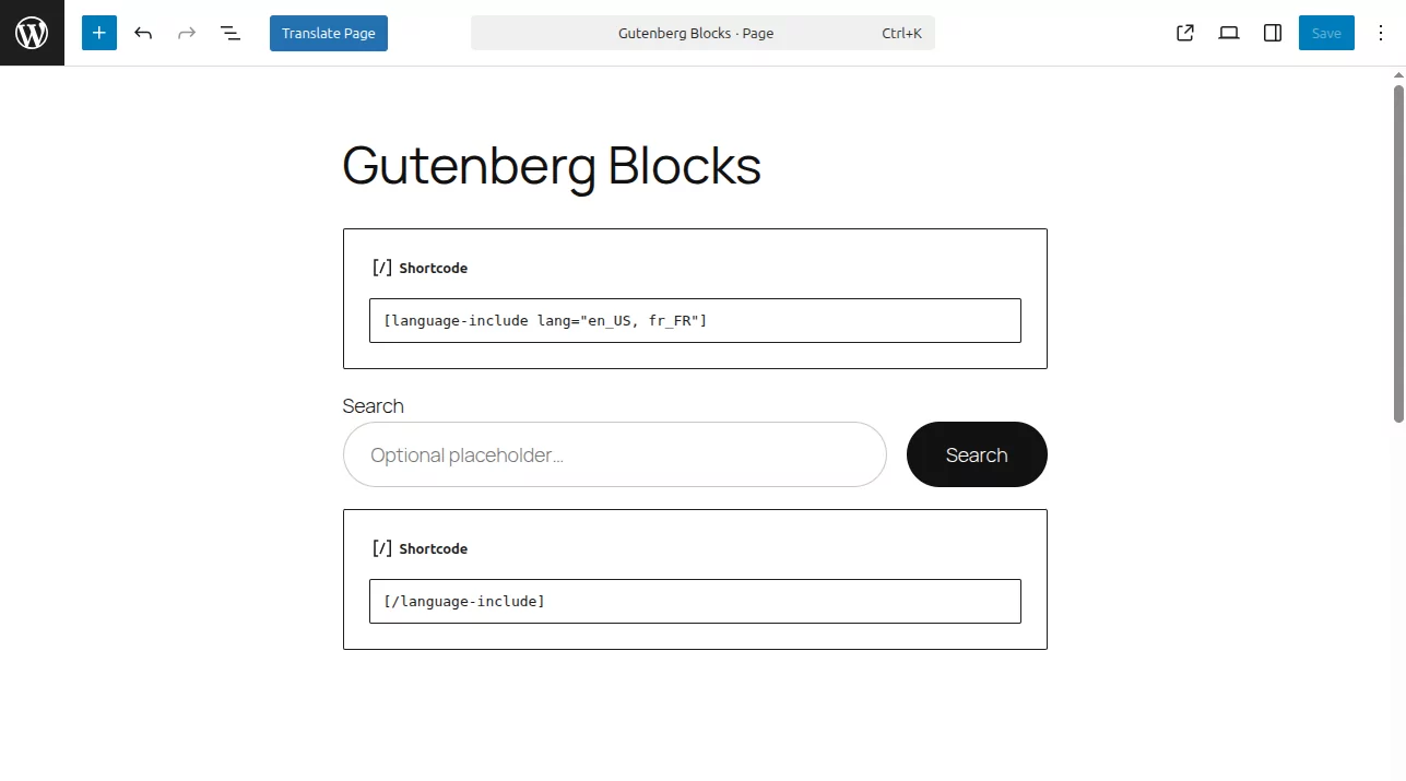 WordPress Gutenberg editor showing how to use the TranslatePress conditional shortcode include to display language-specific content.