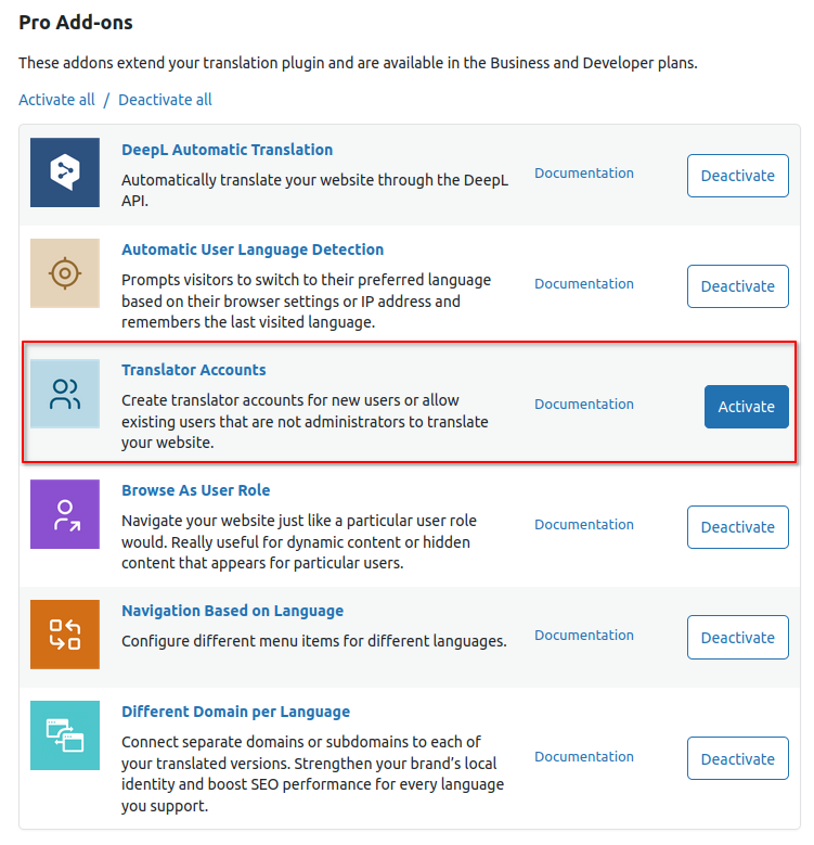 Translator Accounts Add-on activation