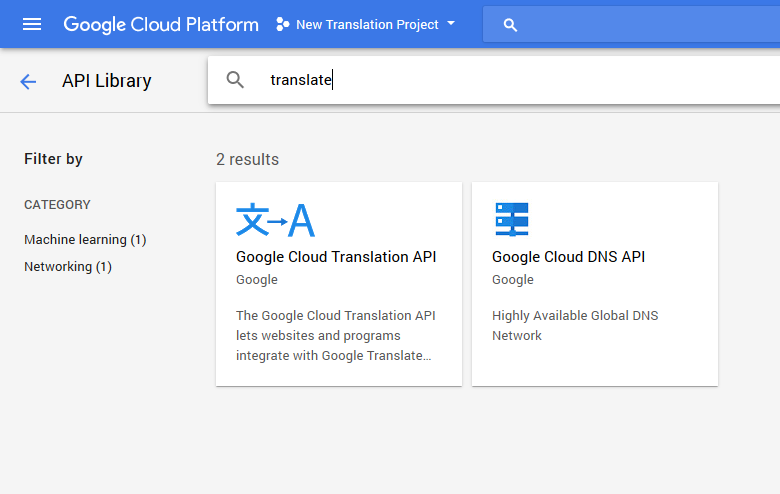How to search for google translate api in Google cloud platform