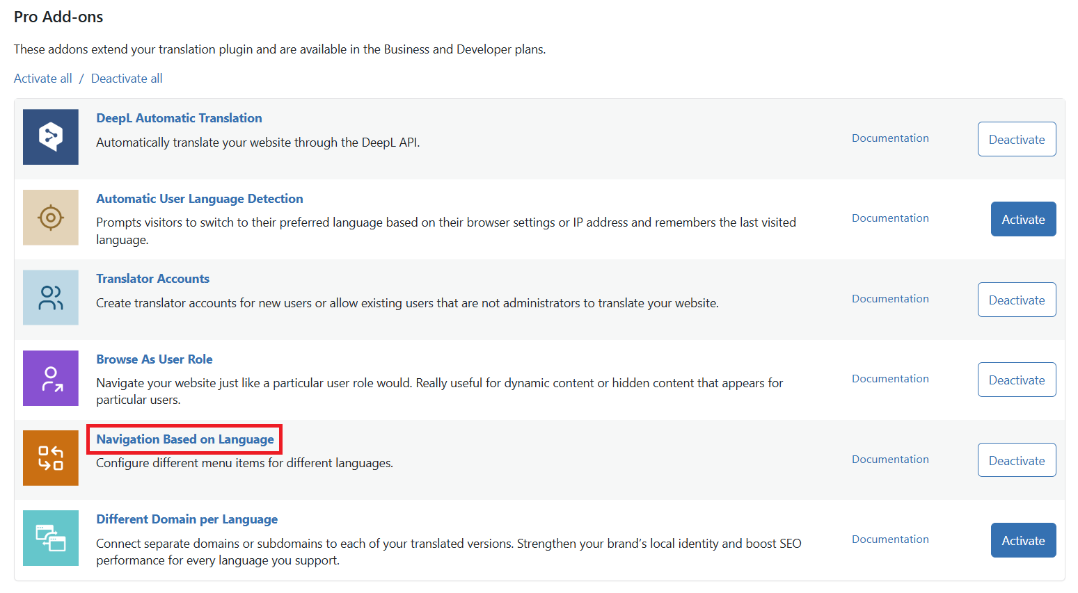 TranslatePress Settings->Navigation Based on Language addon
