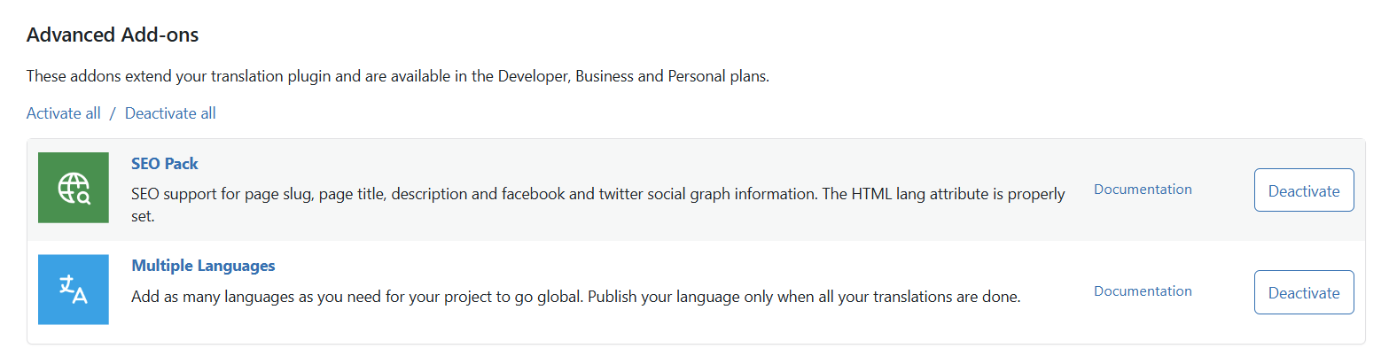 TranslatePress Settings->Addons tab