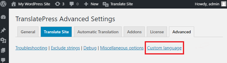 Custom Language section in Advanced settings