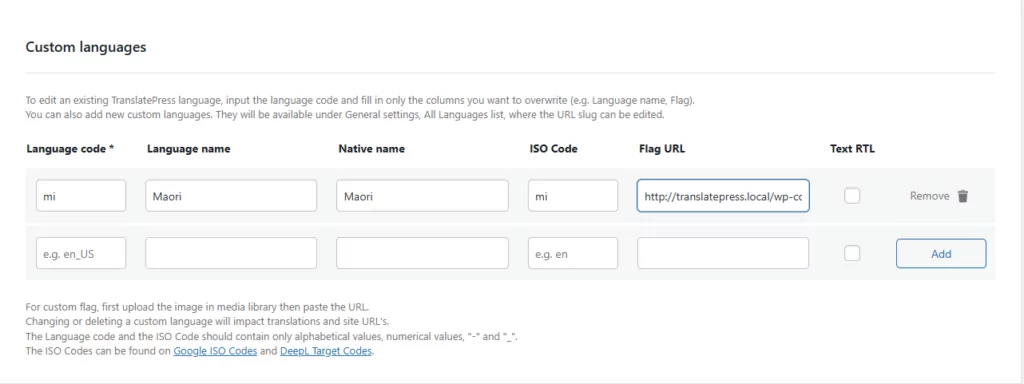 TranslatePress Custom Language settings