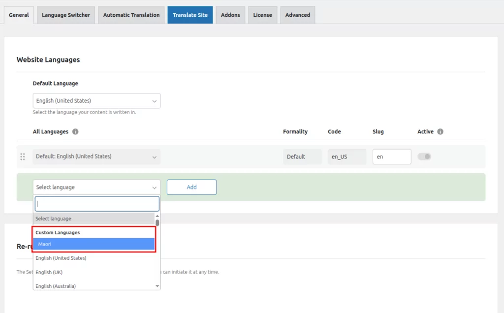 Add custom language to All Languages list, from General tab