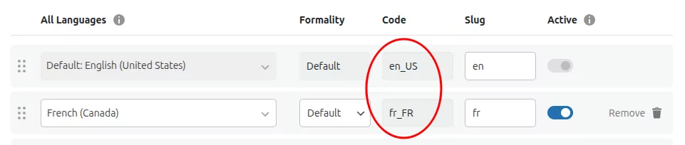 All languages section from TranslatePress settings, General tab, with the language code column highlighted