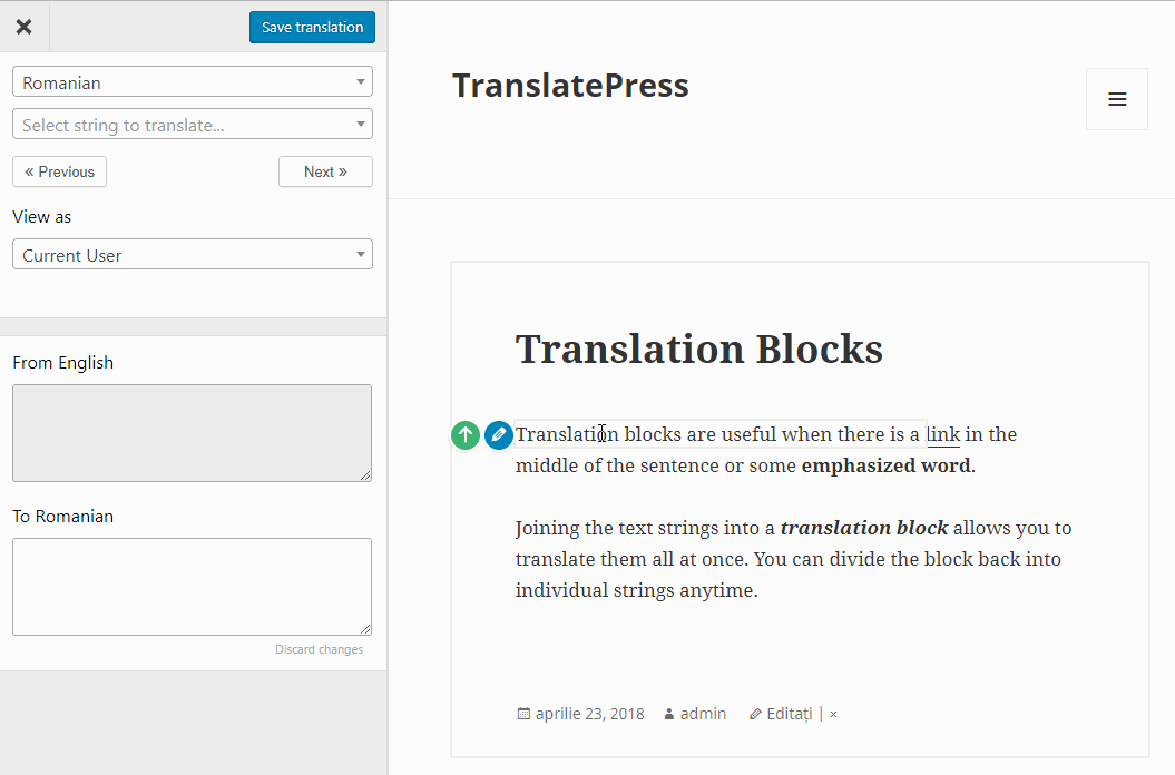 Merging a translation block in Translate Press