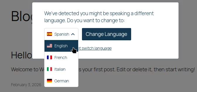 Add-on per il rilevamento automatico della lingua dell'utente - Finestra a comparsa sopra il contenuto - Seleziona lingua