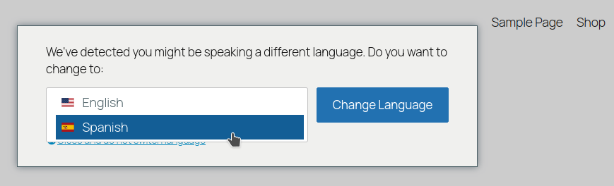 Automatic User Language Detection Add-on - Pop-up window over the content - Select language