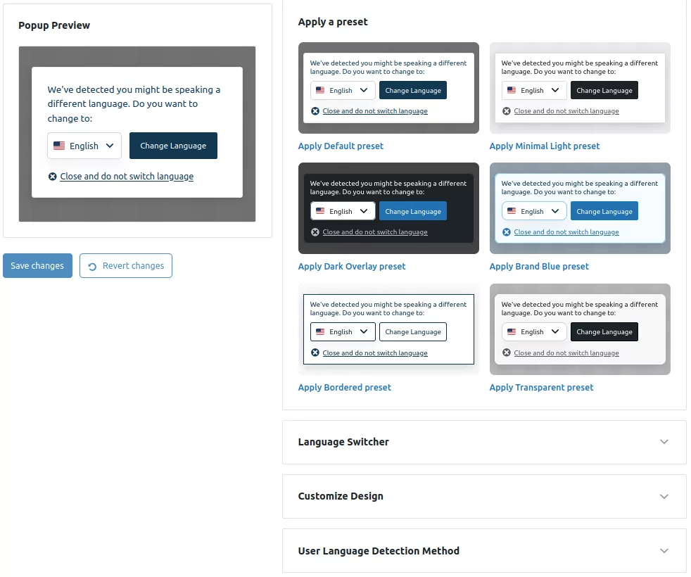 Componente aggiuntivo per il rilevamento automatico della lingua dell'utente - configuratore visivo