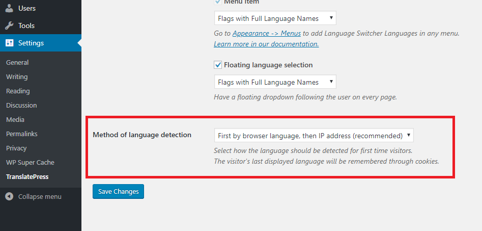 Settings flags. Detect language automatically.