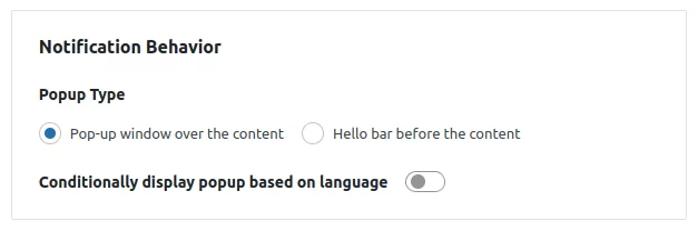 Selezione del tipo di popup: Finestra pop-up sopra il contenuto o Hello Bar prima del contenuto