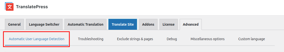TranslatePress Advanced Settings - Automatic User Language Detection Section