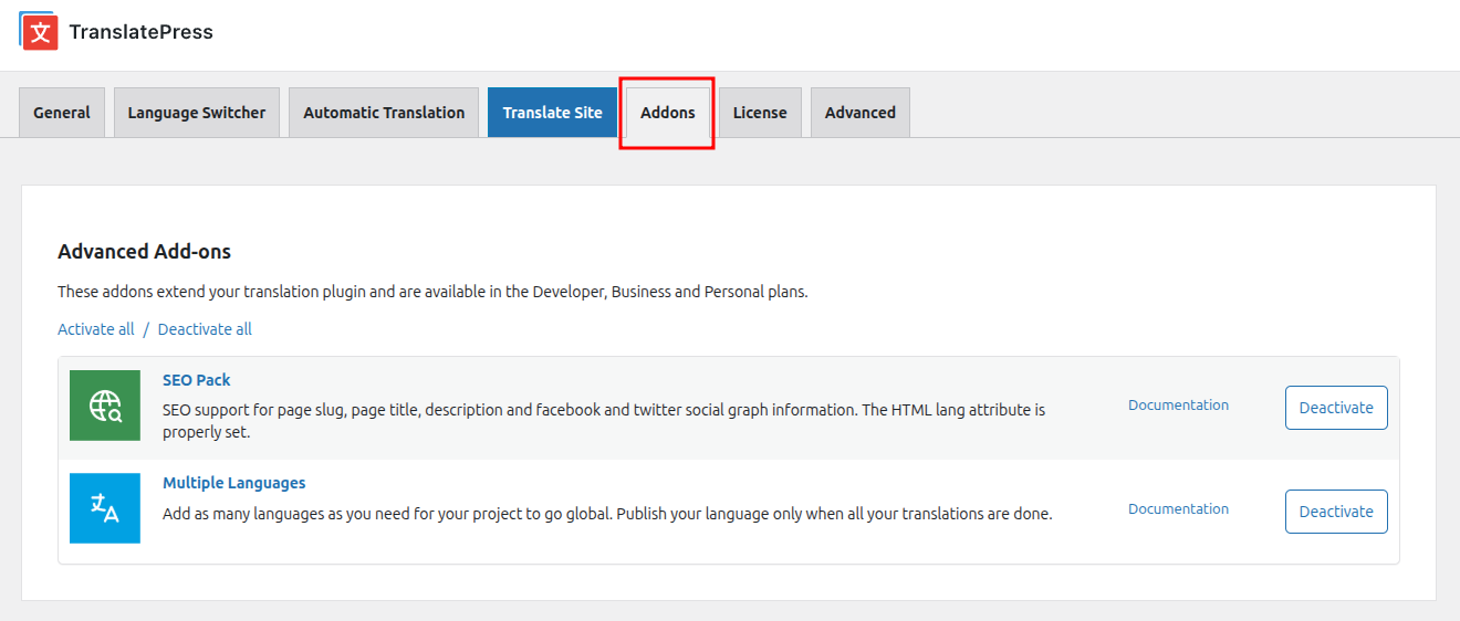 Open the Addons tab from TranslatePress Settings