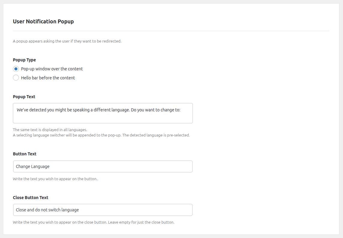 TranslatePress Automatic User Language Detection - User Notification Popup Settings