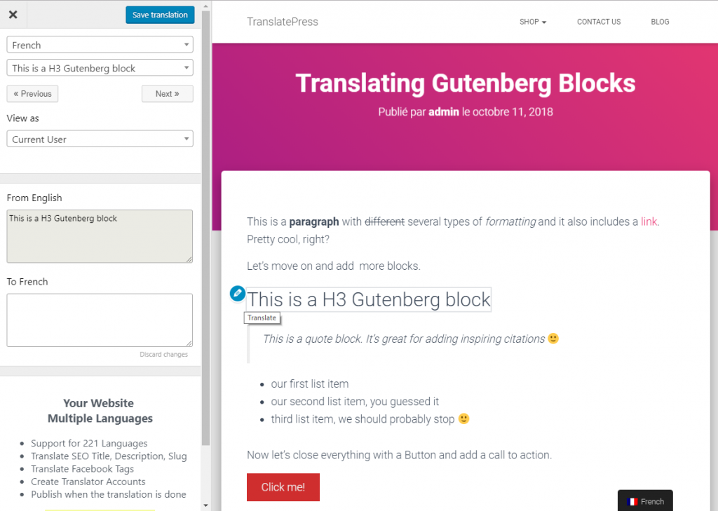 TranslatePress Translate Gutenberg Blocks