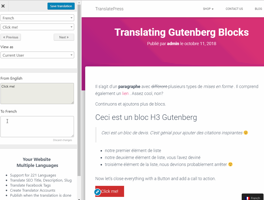 Translate Gutenberg Block Button
