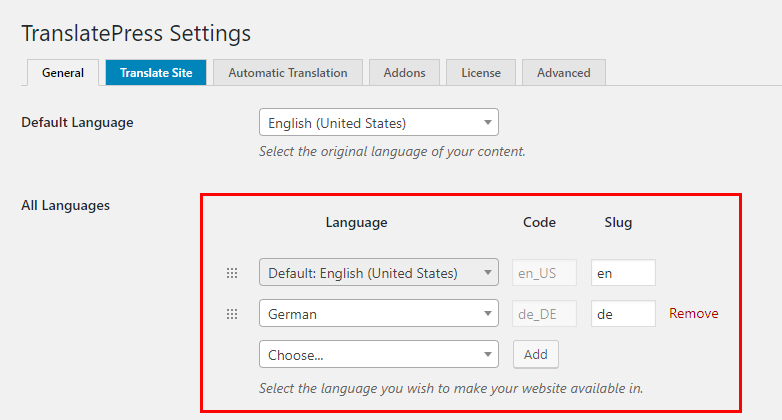 TranslatePress Settings - Add New Language