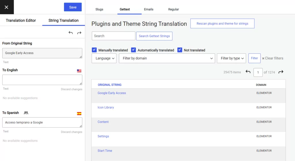 TranslatePress string translation interface