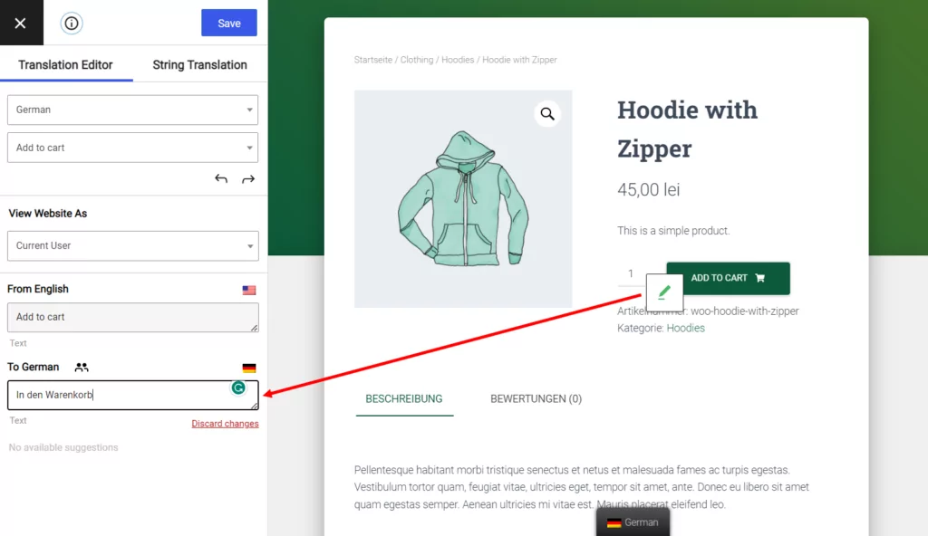 translate woocommerce products gettext strings