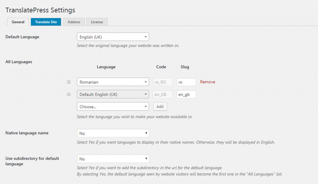 Settings for translating your site using TranslatePress