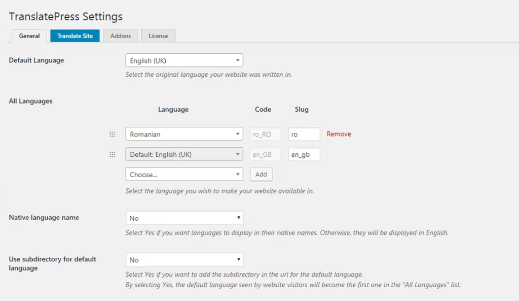 Settings for translating your site using TranslatePress