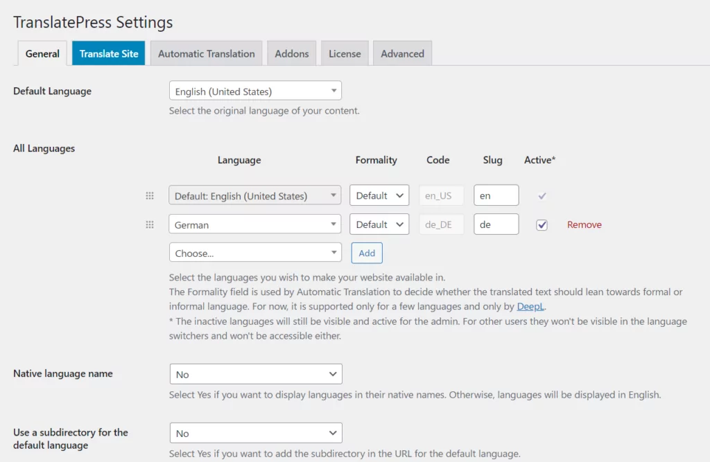 TranslatePress settings