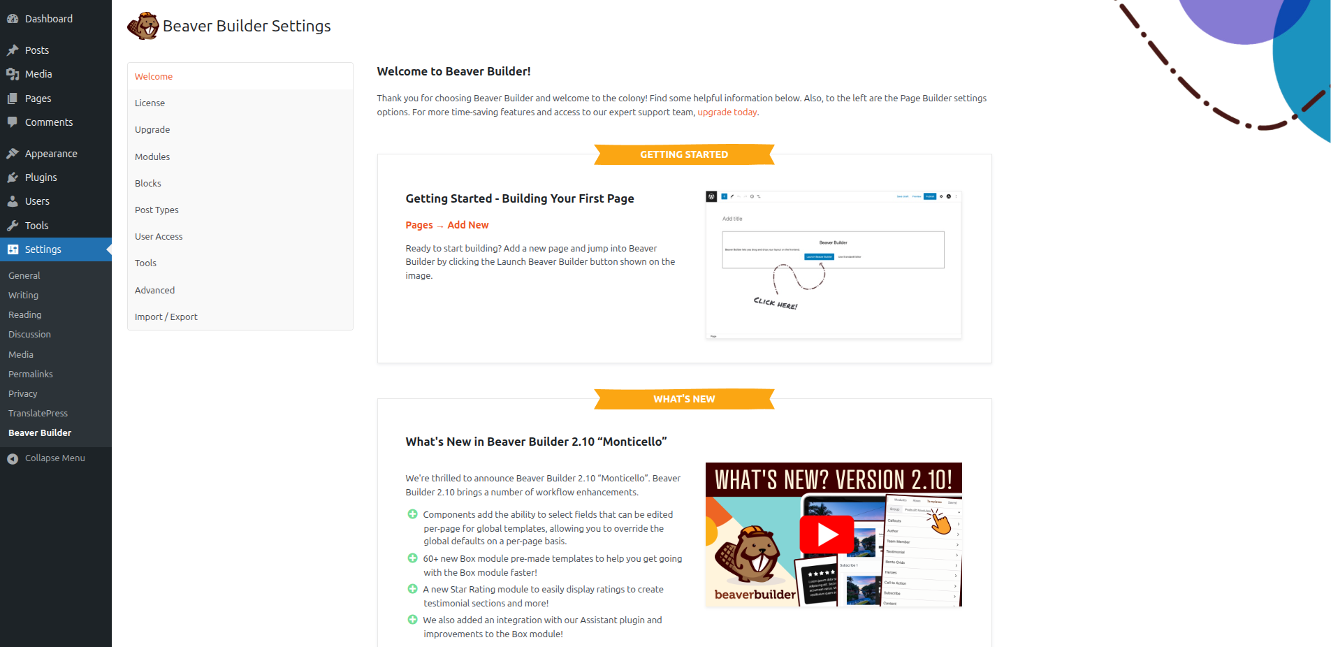 Beaver Builder plugin settings