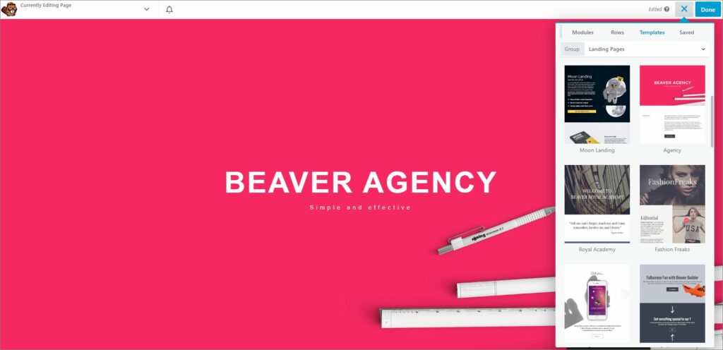 Beaver Builder editor with a page template selected.