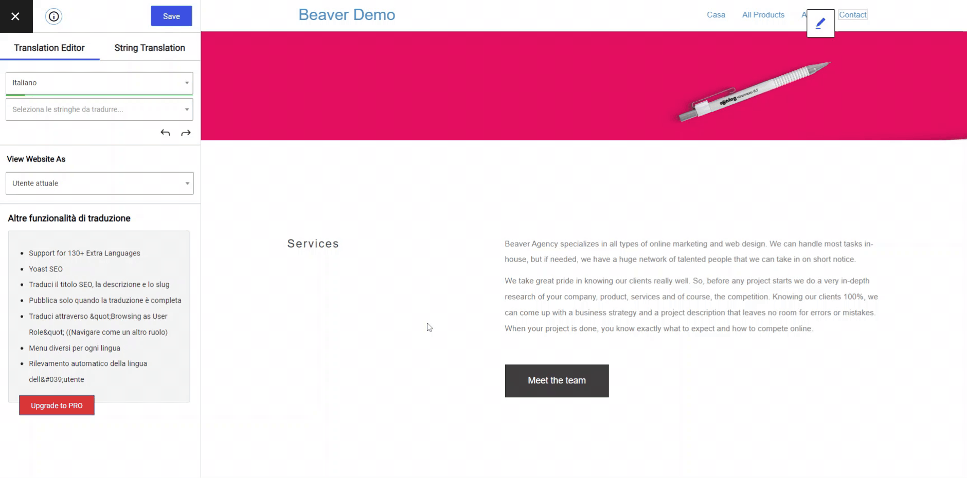 Animated demonstration of translating page content using the TranslatePress translation editor.