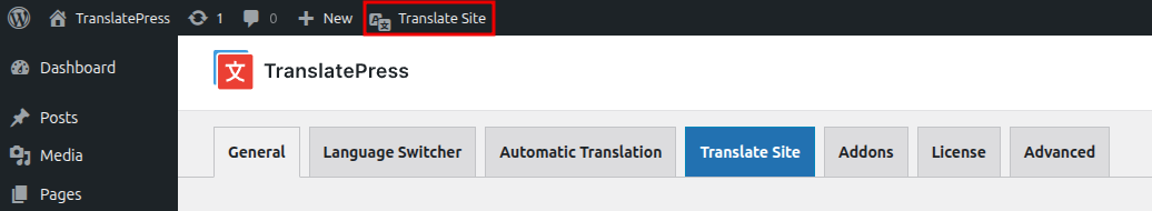 TranslatePress Translate Site button in the WordPress admin bar