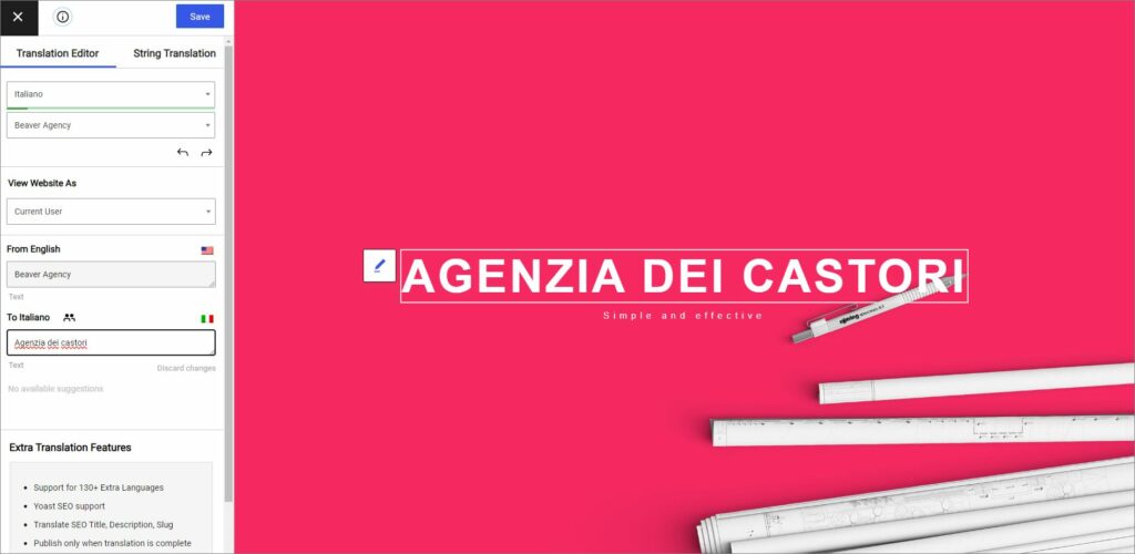 TranslatePress visual translation editor open on a Beaver Builder page with the title selected for translation