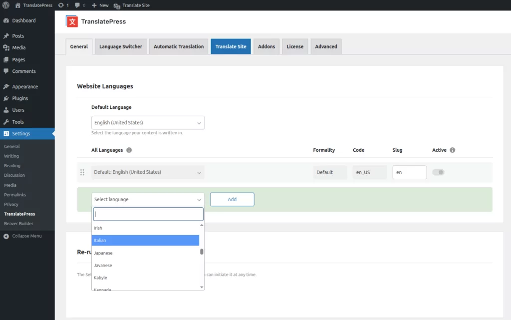 TranslatePress settings page