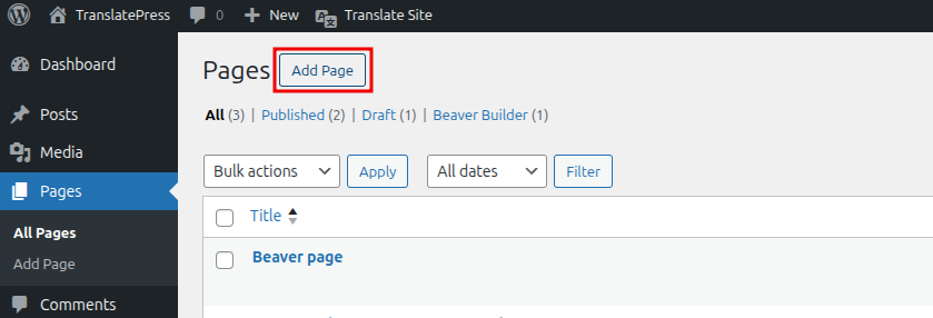 Add new page from WordPress Pages