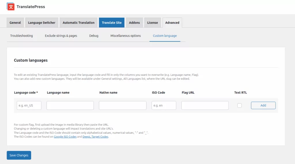 Custom Language Section From TranslatePress Settings Advanced tab