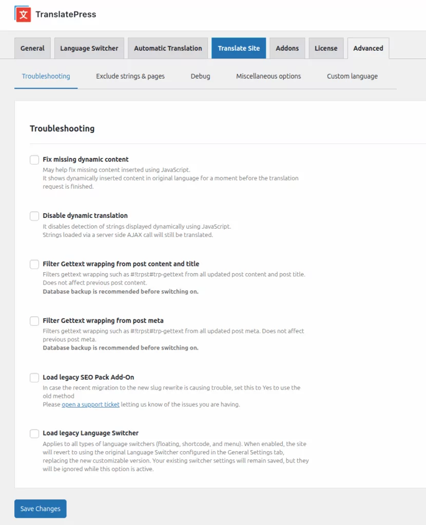 Troubleshooting Section from TranslatePress Advanced tab