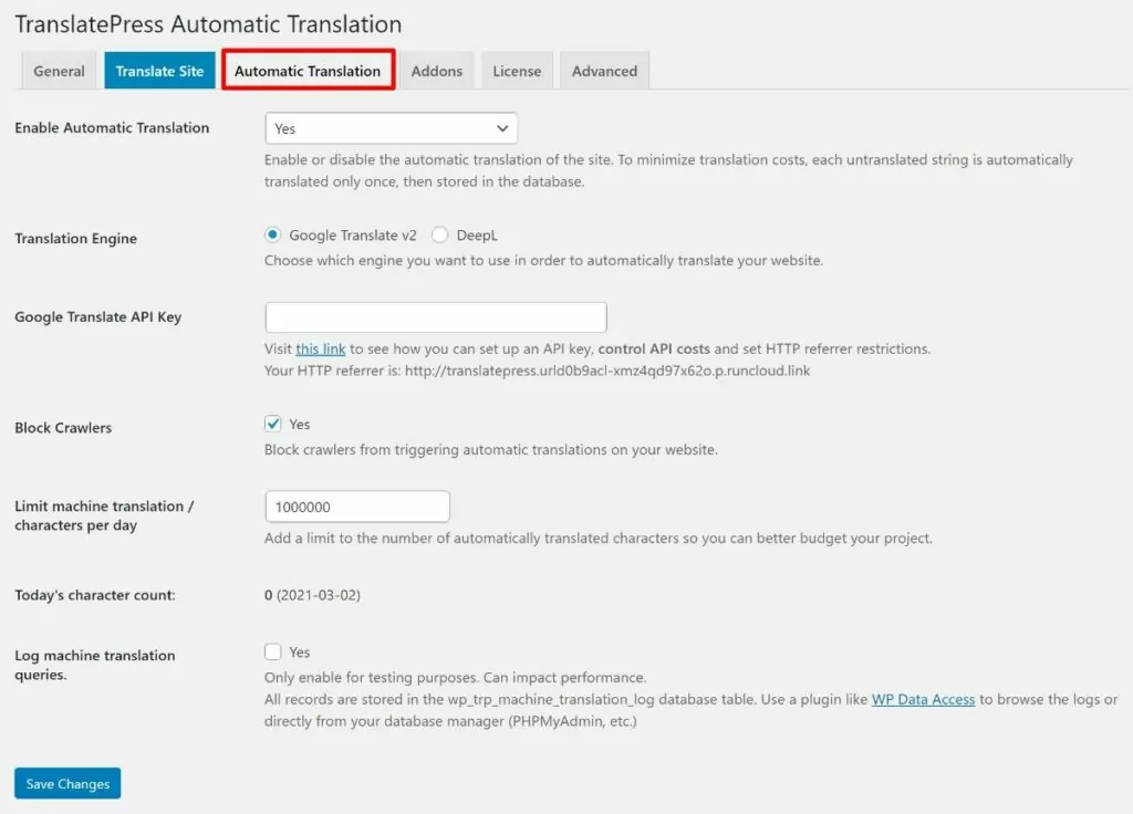 TranslatePress' automatic translation settings.