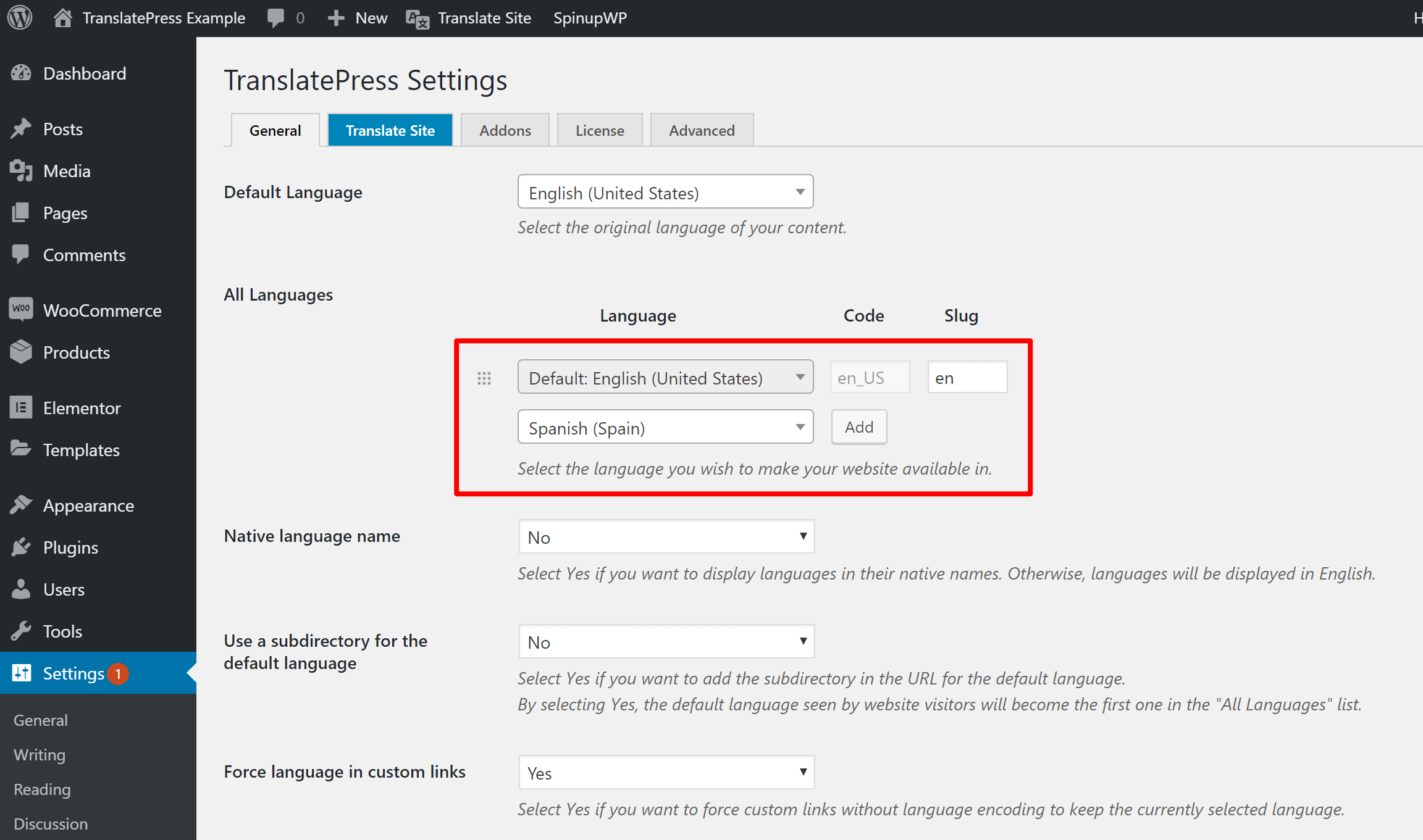 Configure TranslatePress basic settings for translating custom fields