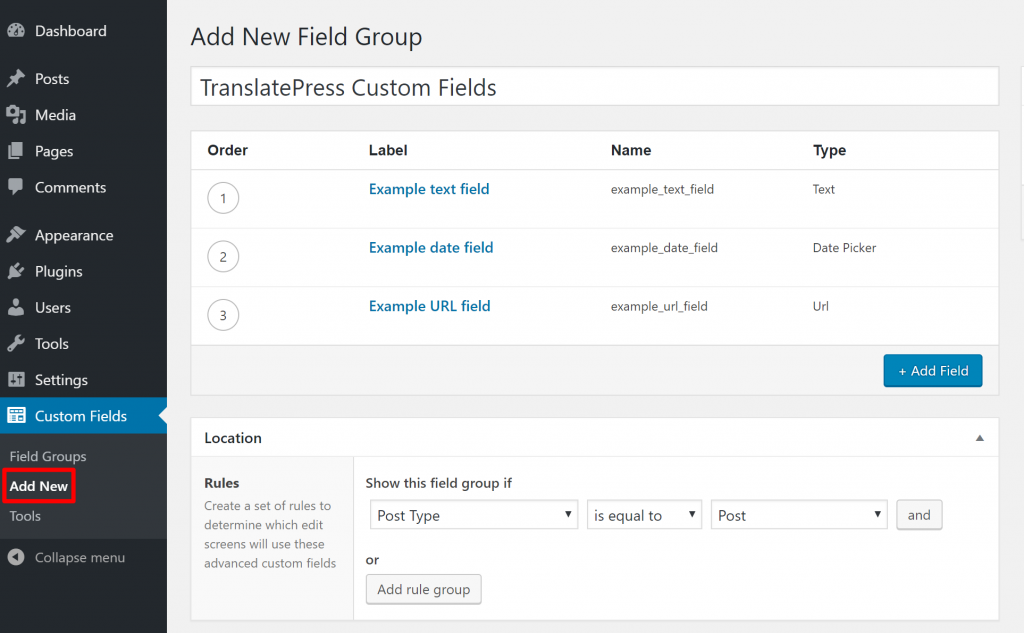Create custom fields in ACF