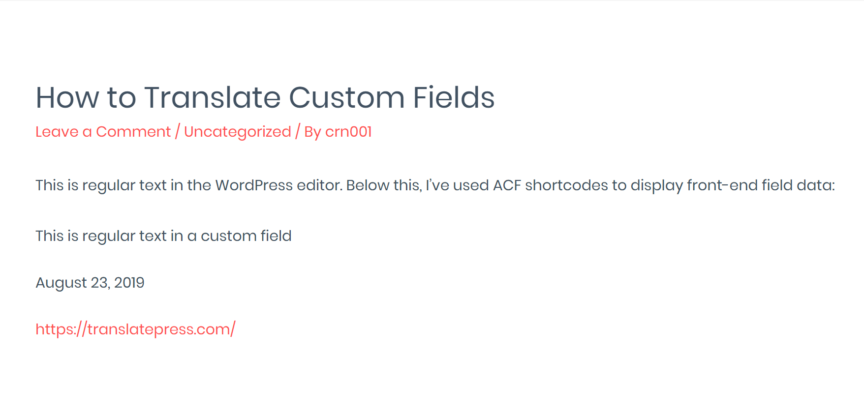 Example of custom fields in WordPress